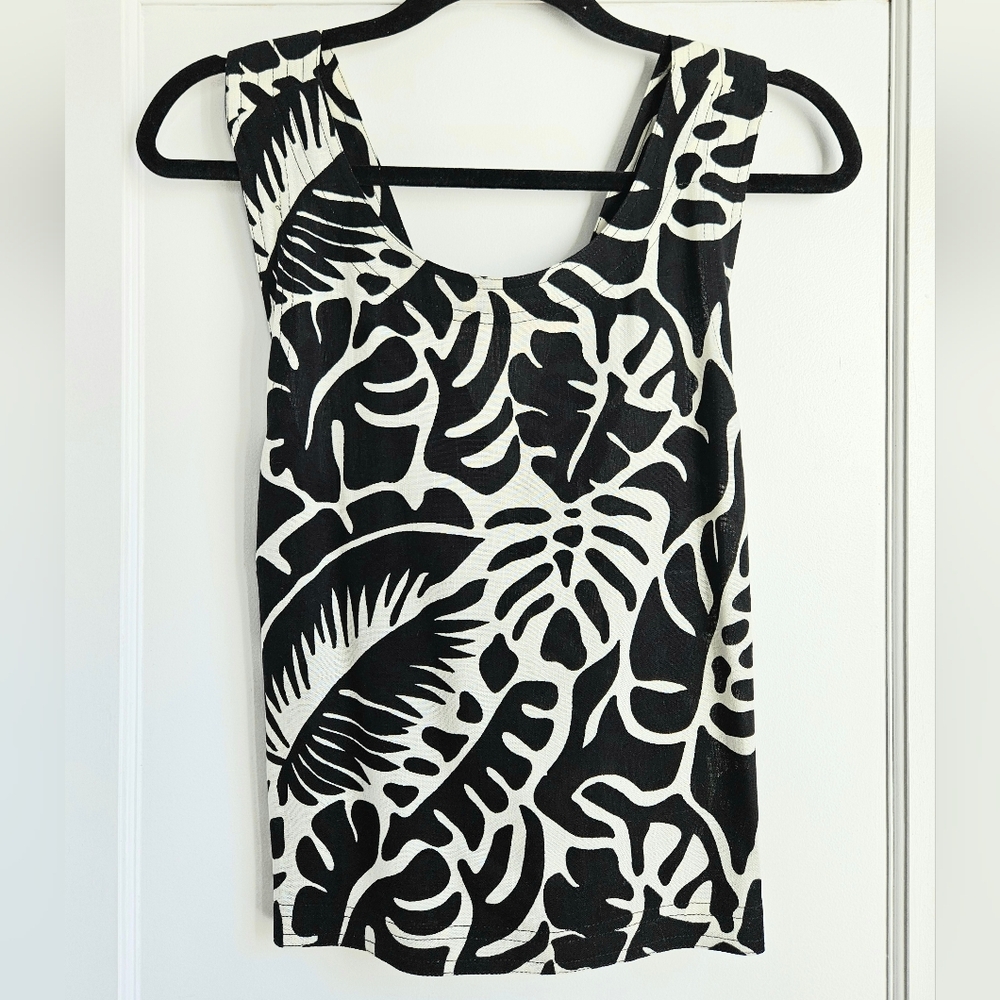 Black & White Botanical Print Linen Crop Top, New Rose & Olive, size L